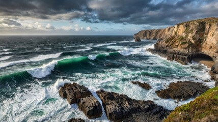 Dramatic Coastal Scene with Crashing Waves and Rocky Cliffs under Cloudy Skies