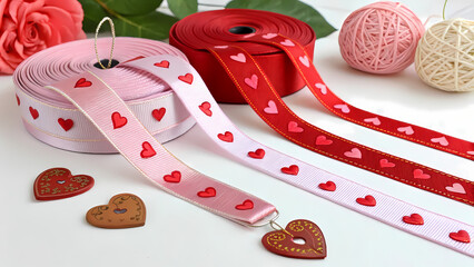 Fototapeta premium This is a still life image featuring spools of ribbon and other crafting materials. Two spools of ribbon, one in pink and one in red, are prominently displayed.