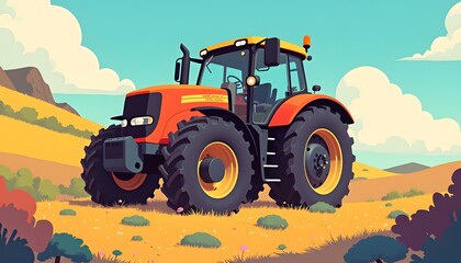 Obraz premium Orange Tractor in a Sunny Field Landscape
