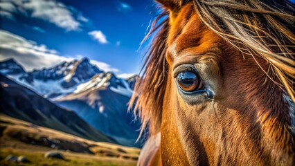 Fototapeta premium Majestic Mountain Horse: Close-Up Macro Photography of Wild Equine in Alpine Meadow