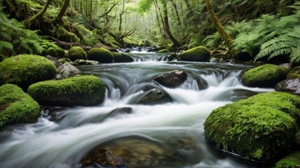 Fototapeta premium Enchanting stream flows through a lush mossy forest showcasing the beauty of nature