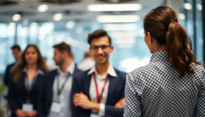 Business Office with Blurred People in Casual Wear – Modern Workspace with Bokeh Background for Professional and Corporate Themes, Highlighting Collaboration and Creativity