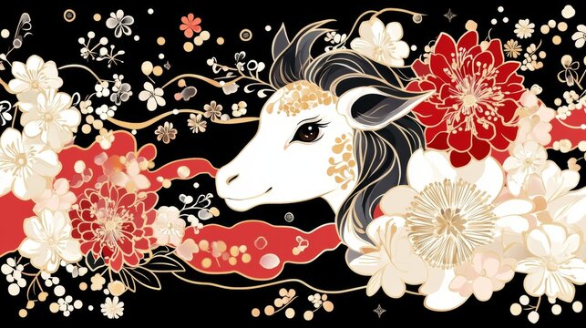 Elegant White Goat Amidst Blossoming Cherry and Peonies