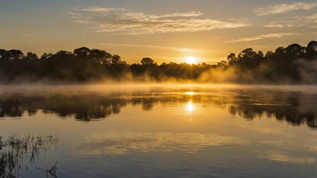 Golden sunrise illuminates a misty lake with silhouetted trees and smooth reflections
