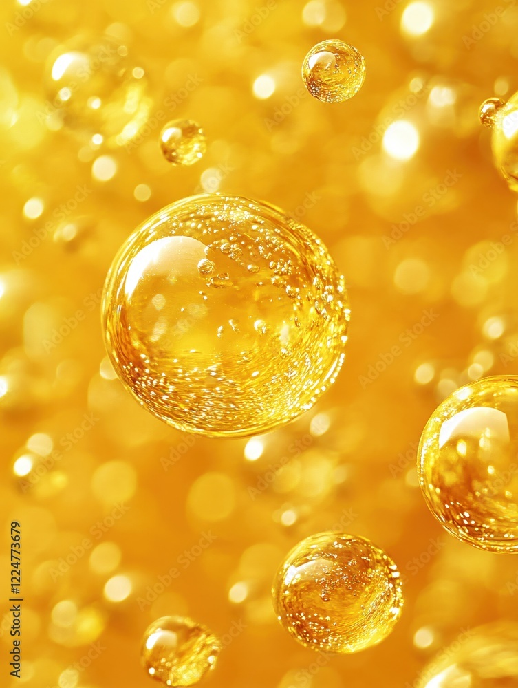 Poster golden liquid bubbles floating in a bright yellow background with a soft focus effect