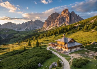 Obraz premium Majestic Mountain Pavilion: Drone View of Serene Alpine Retreat