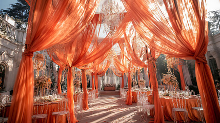 Naklejka premium Luxurious wedding reception decor. Elegant burnt orange draped fabric creates a stunning aisle under sparkling chandeliers. Perfect for event planning, wedding, or luxury lifestyle imagery.