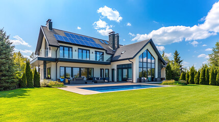 Obraz premium Modern suburban private house with solar panels on roof