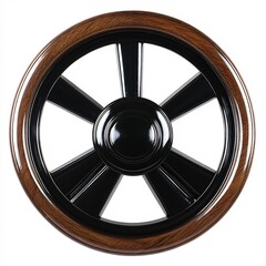 Obraz premium Classic ship wheel with dark wood and black spokes on a white background nautical design
