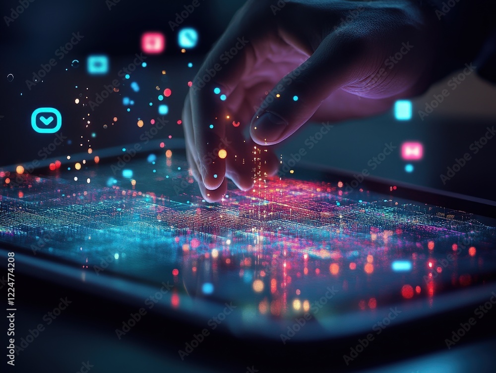 Wall mural a digital marketing professional working on a tablet with floating icons representing social media a