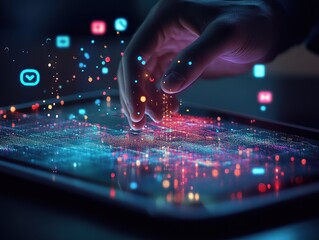 A digital marketing professional working on a tablet with floating icons representing social media and data visualization.