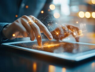 A digital marketing professional working on a tablet with floating icons representing social media and data visualization.