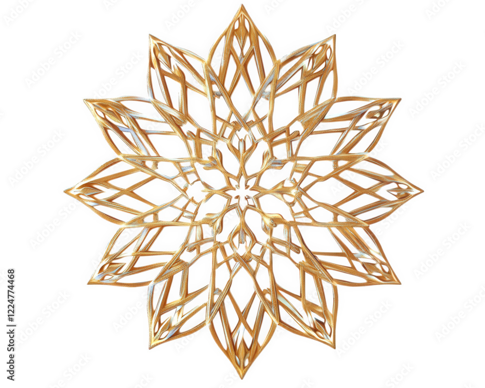 Poster geometric snowflake design in golden color, isolated on transparency background, showcasing intricat