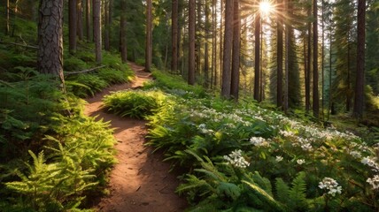 Fototapeta premium Sunlit Path Through a Lush Forest with Green Ferns and Blooming White Wildflowers