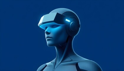 A futuristic humanoid figure with a digital, pixelated surface, wearing a sleek, high-tech visor that emits a glowing light. The background is a solid blue, emphasizing the cybernetic theme. The figur