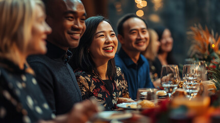 Company of people at festive table in house