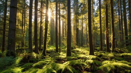 Obraz premium Sunlight filters through a dense forest illuminating moss covered rocks and tall trees