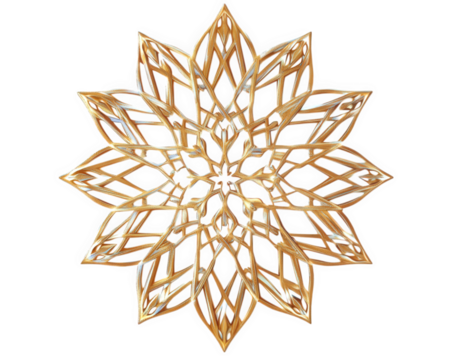 Geometric snowflake design in golden color, isolated on transparency background, showcasing intricate patterns and symmetry, perfect for winter themes and decorations
