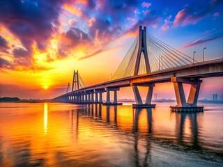 Fototapeta premium Majestic New Mandovi Bridge in Panjim, Goa, India: Stunning Sunrise View