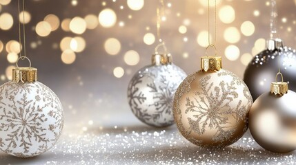 A festive party invitation with glowing snowflake patterns, sparkling accents, and elegant gold and silver details.