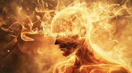 Dynamic conceptual artwork depicting human figure transformed through intense golden flames creating powerful supernatural portrait with dramatic fire effects