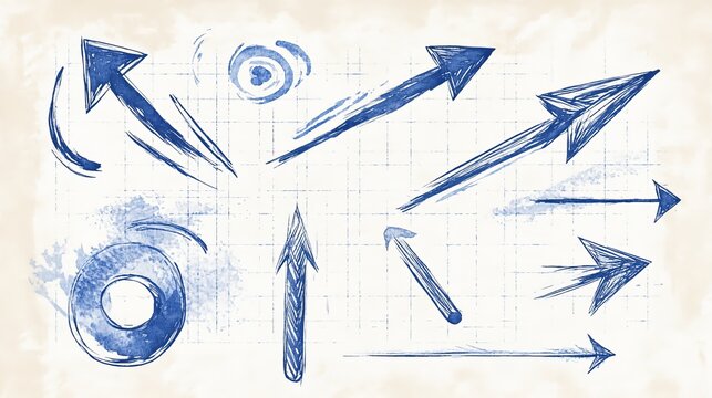 Blue arrows on grid paper. Various blue arrows in different directions. Curved, straight, and zigzag blue arrows. Blue arrows on a grid background. Hand drawn doodles element set. Vectors.