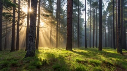 Fototapeta premium Sun rays pierce through the serene forest illuminating the lush green ground