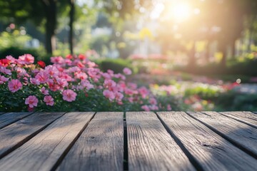 Wooden table with blurred pink flowers and sunlit background creating a serene and peaceful scene