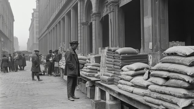 Fototapeta Man stands by sacks of goods on city street.