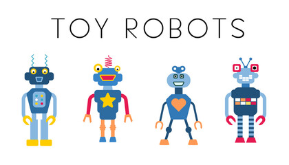 Toy robots collection. Retro style cute robot character illustration set. Transparent PNG graphic.