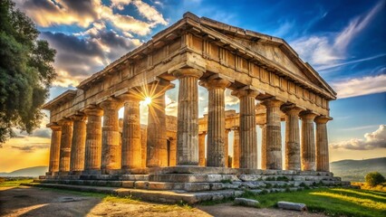 Obraz premium Majestic Paestum Temple: Ancient Greek Ruins in Italy's Sunny Landscape