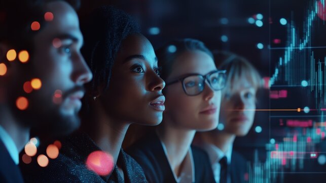 A group of male and female coworkers discussing strategies, combined with digital enhancements of graphs and data. - Powered by Adobe