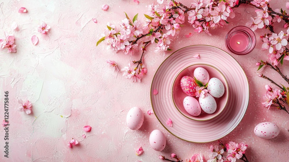 Poster a beautifully arranged spring table display showcases soft pastel eggs nestled on a delicate pink pl