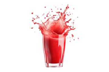 Glass of red strawberry juice with splash isolated on white or transparent, PNG
