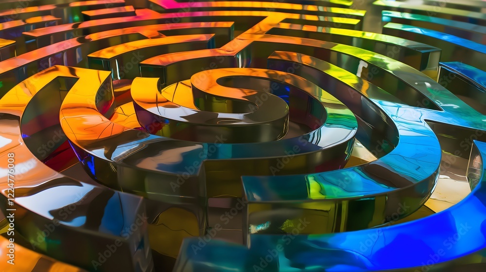Poster abstract geometric composition featuring vibrant rainbow colored circular maze pattern creating dyna