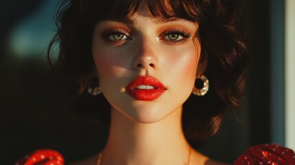 Fototapeta premium Close Up Portrait Of A Woman With Red Lipstick And Glitter Makeup