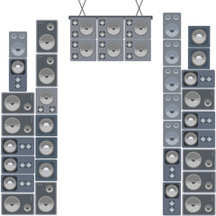 Obraz premium Concert stage scene ready to rock with huge towers of sound speakers. Transparent PNG graphic.