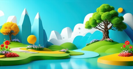 Naklejka premium Lush green hills, colorful flowers, winding path leading to blue mountains with snowy peaks under bright sky with fluffy clouds, warm sunlight, vibrant contrast, serene atmosphere