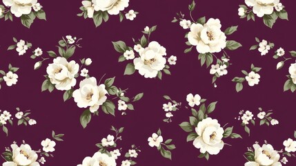 Elegant White Roses on Deep Burgundy Background Seamless Pattern