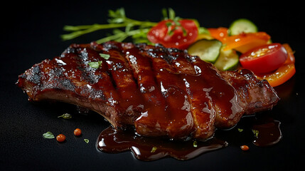 Close-up of steak drizzled with sauce accompaniments