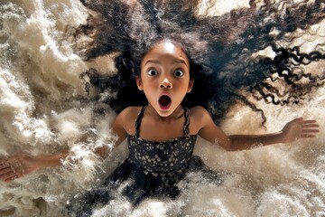 Obraz premium Commercial commercial graphic picture. Long haircut - afro hair. Gorgeous very shocked mixed-race girl - for ads, banner and social media use. African elegance hair trends. Long hair models.