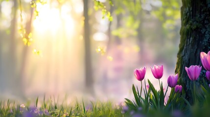 Obraz premium Ethereal spring garden scene featuring delicate pink tulips blooming in misty morning sunlight creating dreamy atmospheric natural landscape with gentle bokeh effect