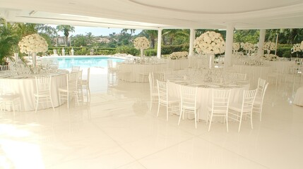 Fototapeta premium Elegant White Wedding Reception by Poolside