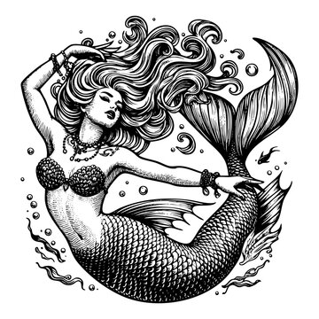 Mermaid sketch engraving black and white outline. Scratch board imitation.  illustrated in vintage line art style on a white background.
