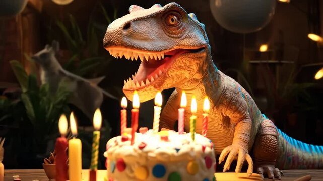 Dinosaur with birthday cake. table with sweets and dinosaur theme