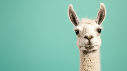 Obraz premium Closeup Portrait of a Fluffy White Llama Against a Teal Background