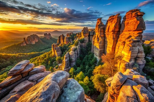 Majestic Sandstone Cliffs: Dramatic Dassa Rock Formation at Sunset