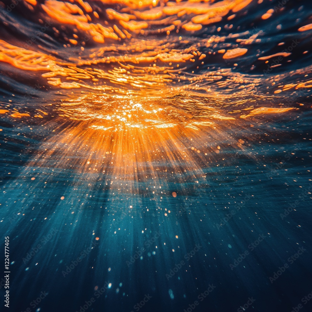 Poster underwater sunlight rays shining through surface with bubbles creating abstract pattern