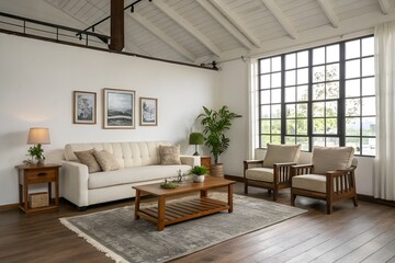 Fototapeta premium Modern Scandinavian home interior design characterized by an elegant living room featuring a comfortable sofa, mid century furniture, cozy carpet, wooden floor, white walls, and home plants