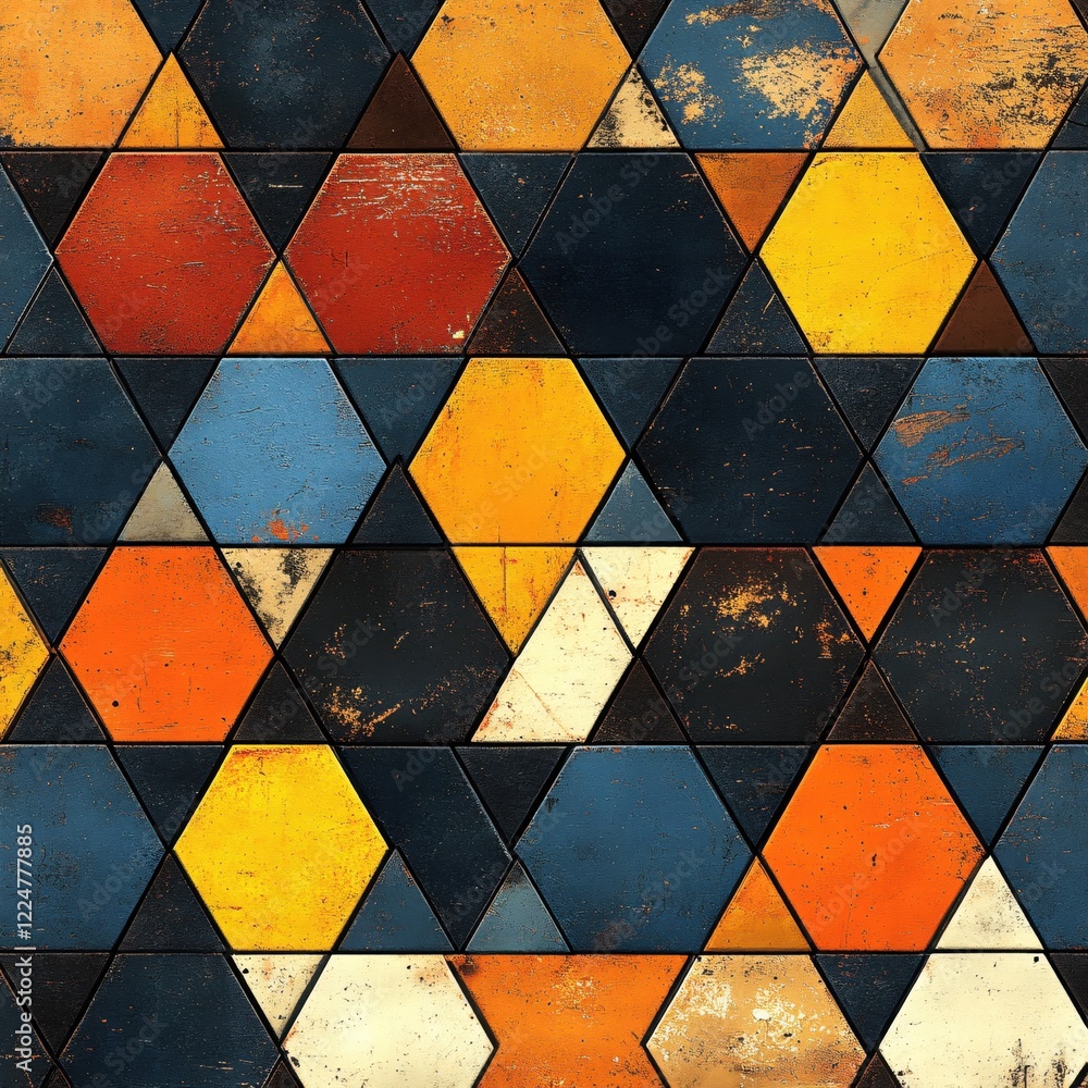 Poster abstract geometric pattern with distressed texture and vibrant colors in a modern style